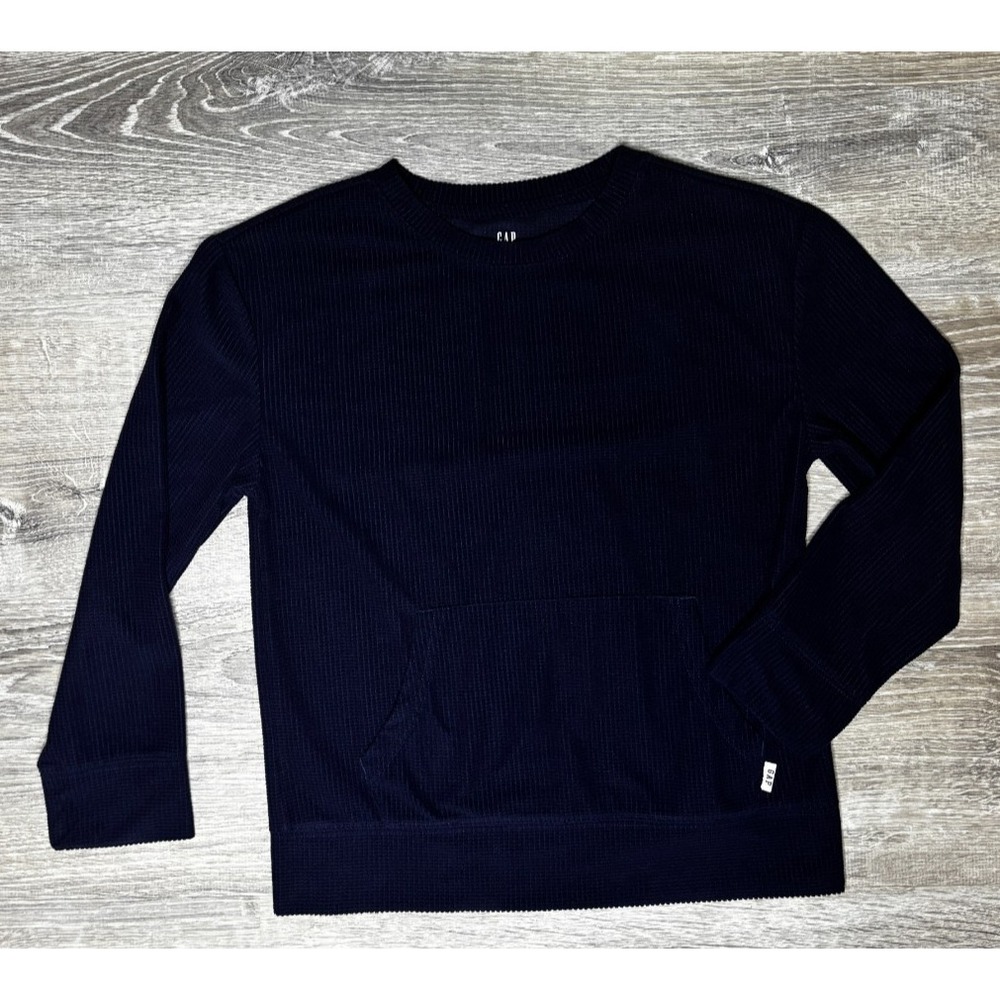 Gap Kids Navy Blue Waffle Pullover Long Sleeve Top‎ Kangaroo Pocket Cozy Size 10